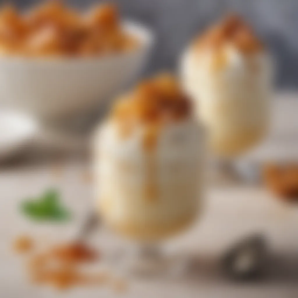 Close-up of textured syllabub topped with caramel drizzle