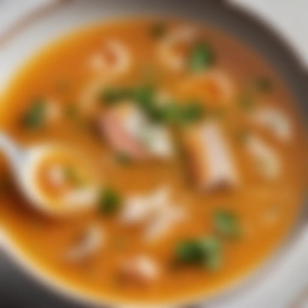 Close-up of rich broth in Gordon Ramsay's fish soup