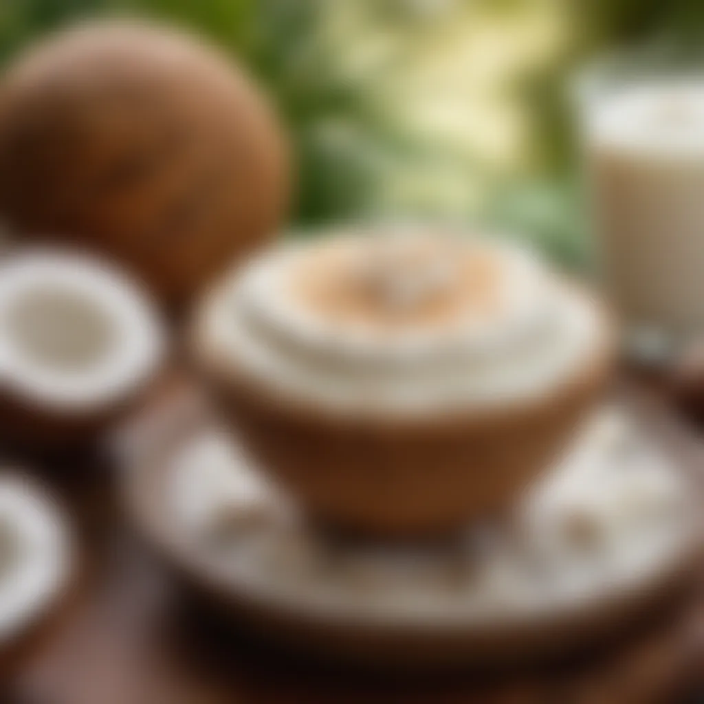 Coconut cream in a bowl with fresh coconuts in the background