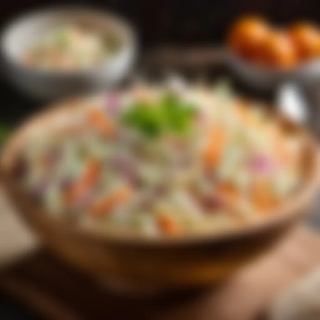 Serving coleslaw in a wooden bowl