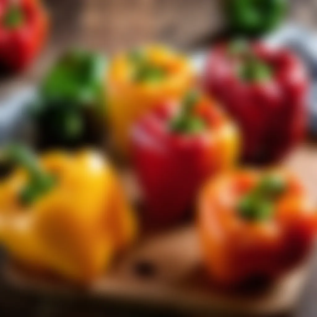 Colorful bell peppers on a wooden cutting board