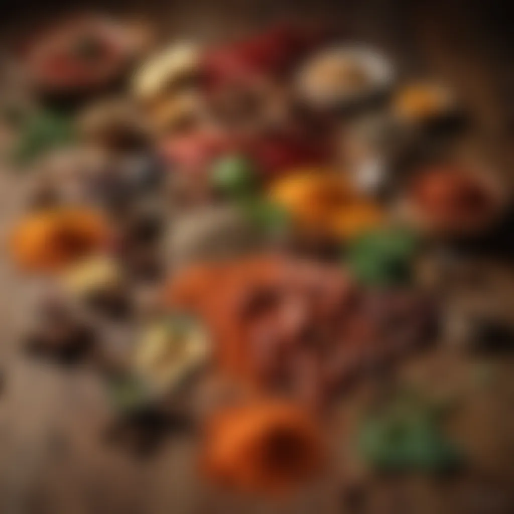 Colorful array of exotic spices on a rustic wooden table