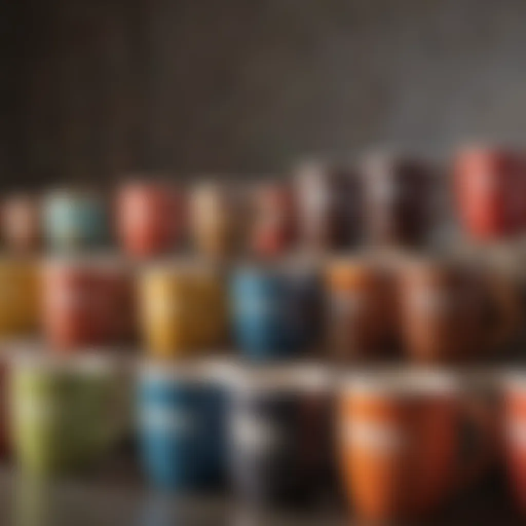 Variety of colorful insulated travel coffee mugs on display