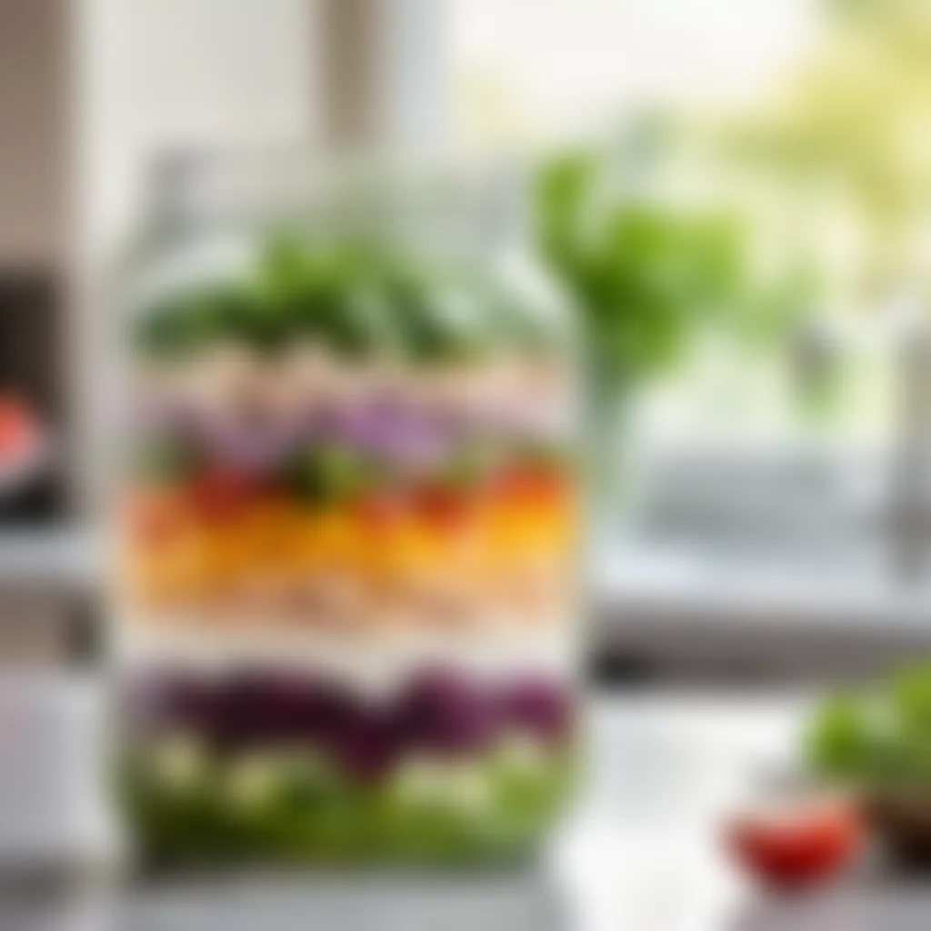 Layering colorful ingredients in a jar for chicken salad