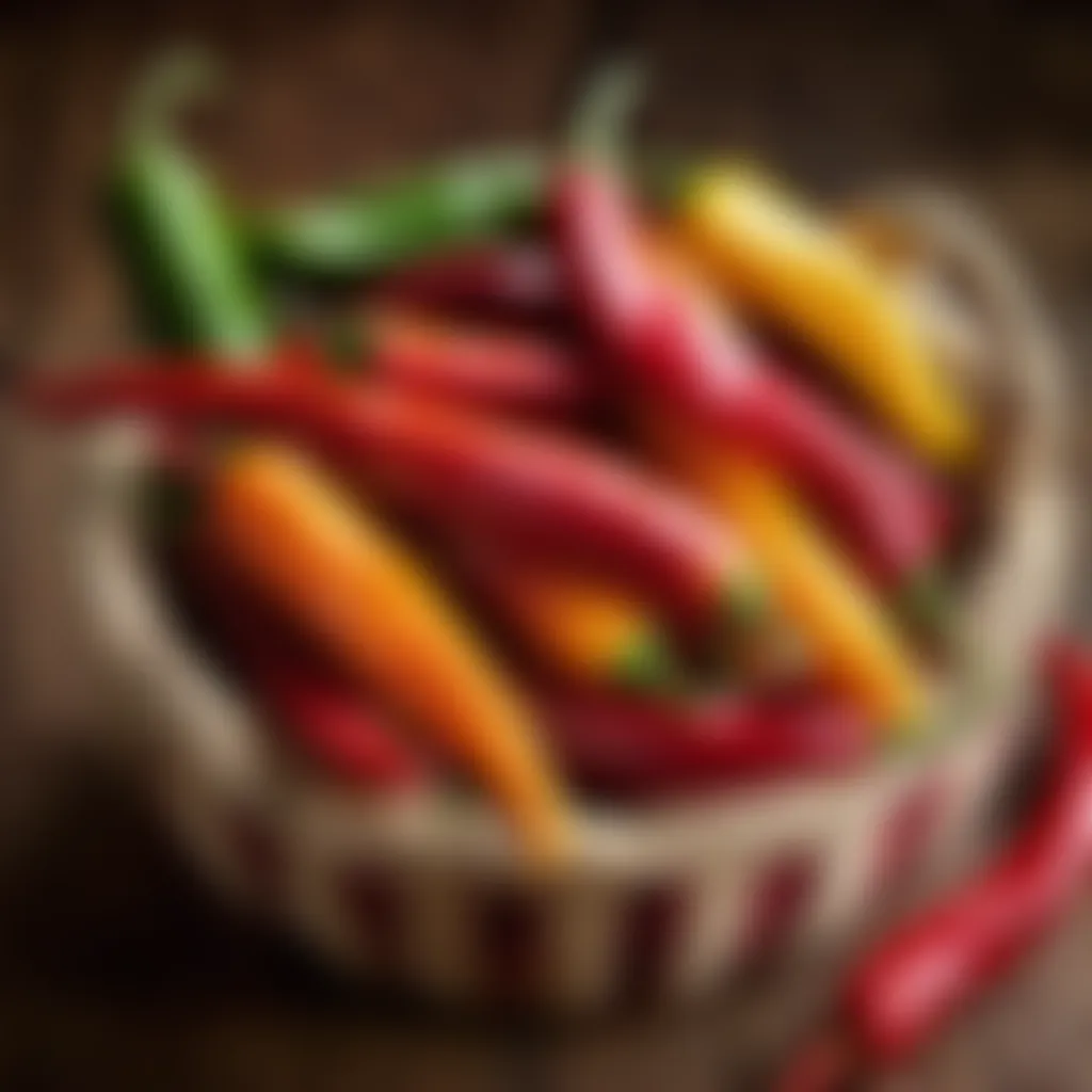 Colorful array of Mexican chili peppers in traditional woven basket