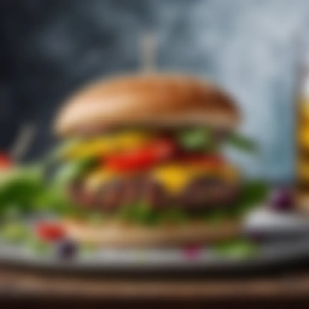 Artistically Plated Plant-Based Burger with Colorful Toppings Artistically plated plant-based burger with colorful toppings