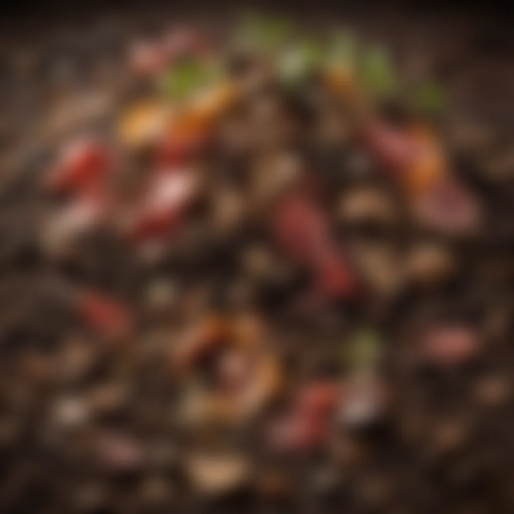 A close-up of compost enriched with meat scraps, showing rich, dark soil