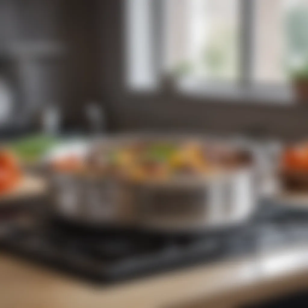 Large stainless steel pan in a kitchen setting