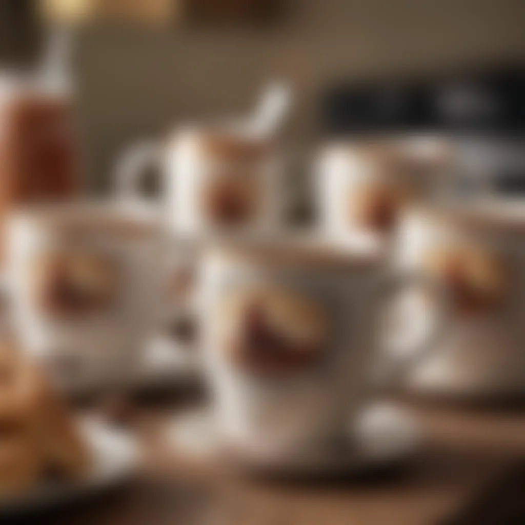 Artistic shot of the coffee mug set with steaming beverages.