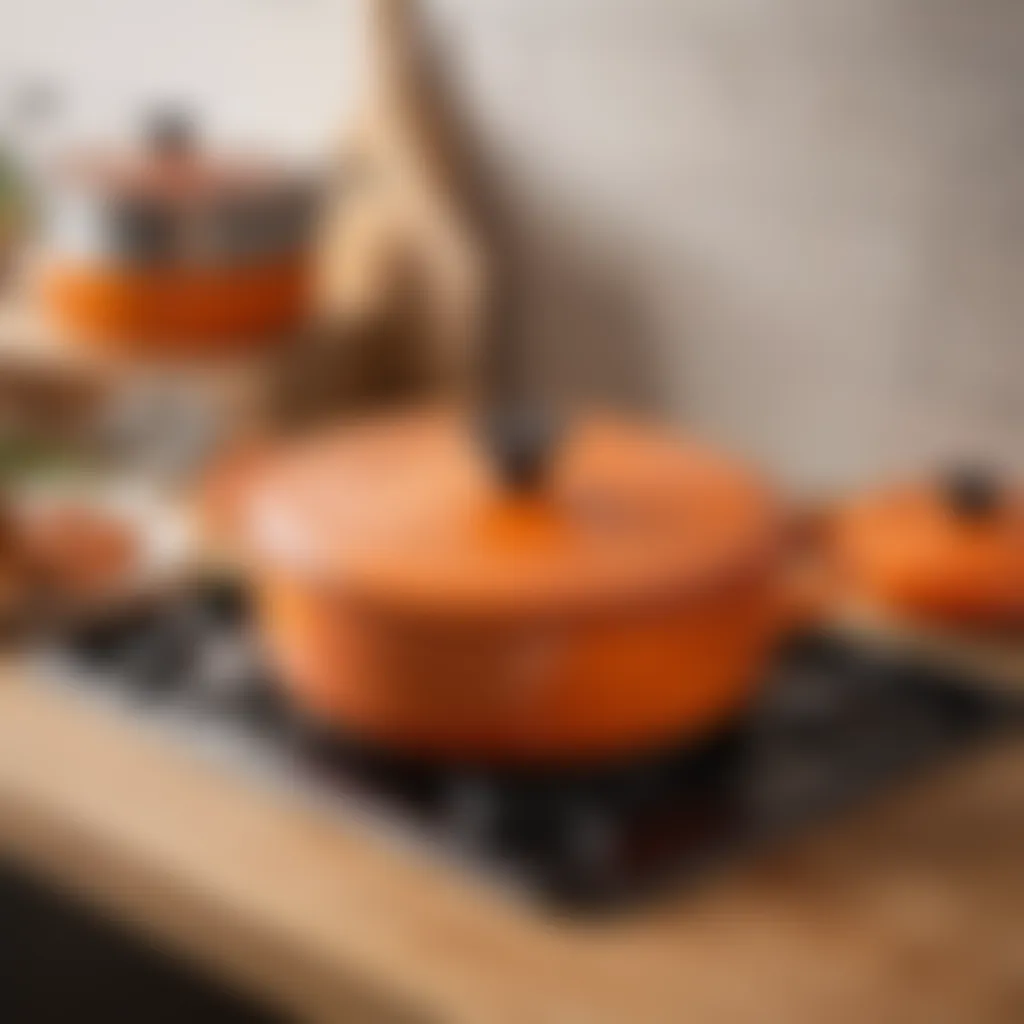 A pristine Le Creuset pan on a wooden countertop