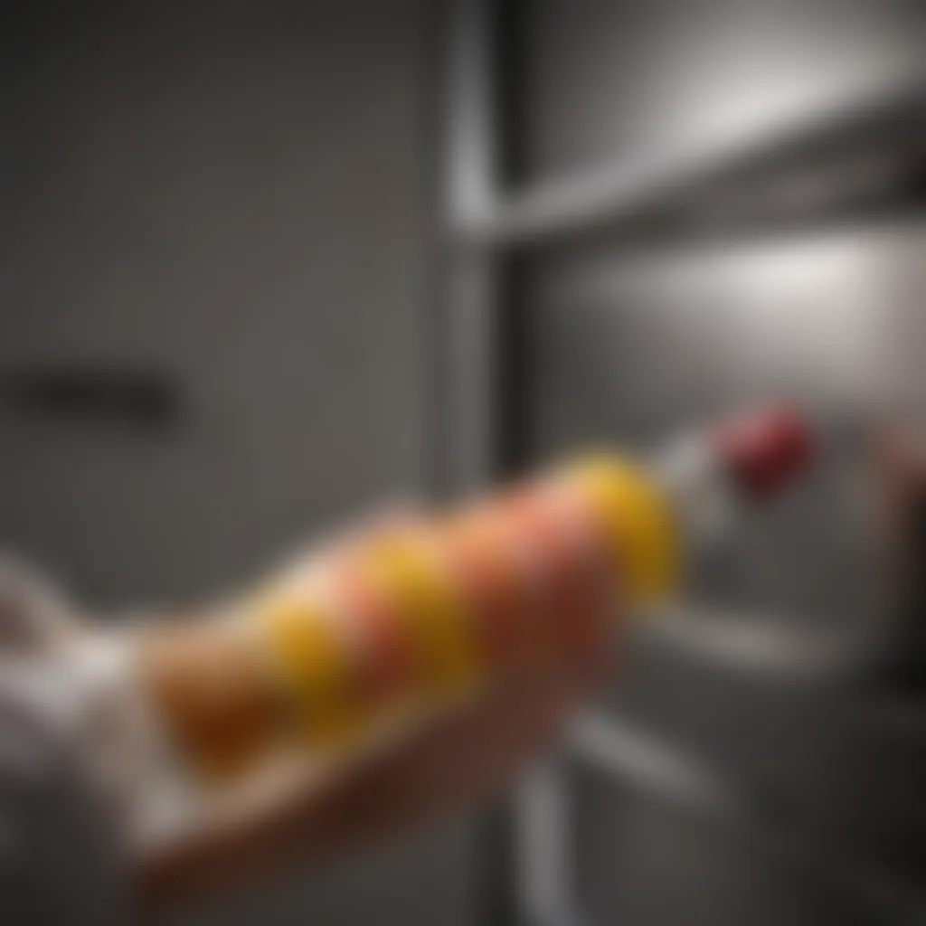 Close-up of removing stubborn stains from steel fridge