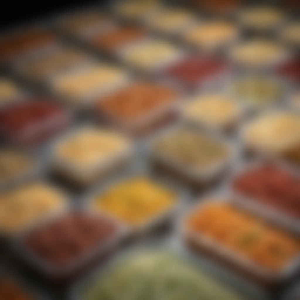 A selection of frozen meals in clear containers arranged neatly in a freezer.