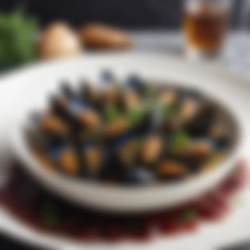 An elegantly plated mussel dish with garnishes