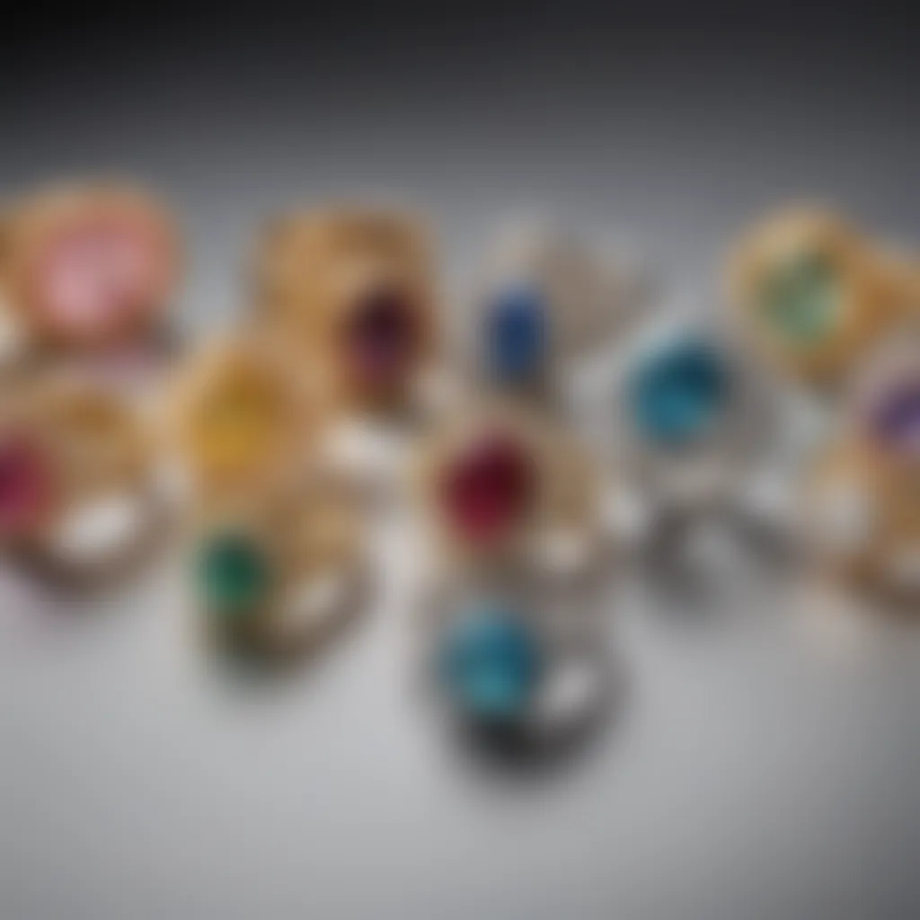 A close-up view of various ring designs displayed, highlighting the creativity and diversity in jewelry craftsmanship.