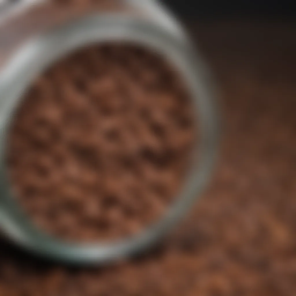 Close-up of freeze-dried coffee granules in a glass jar