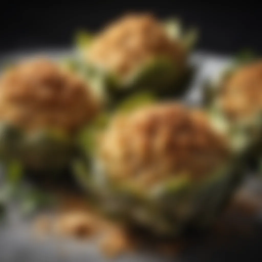 A close-up of stuffed artichokes filled with breadcrumbs and herbs