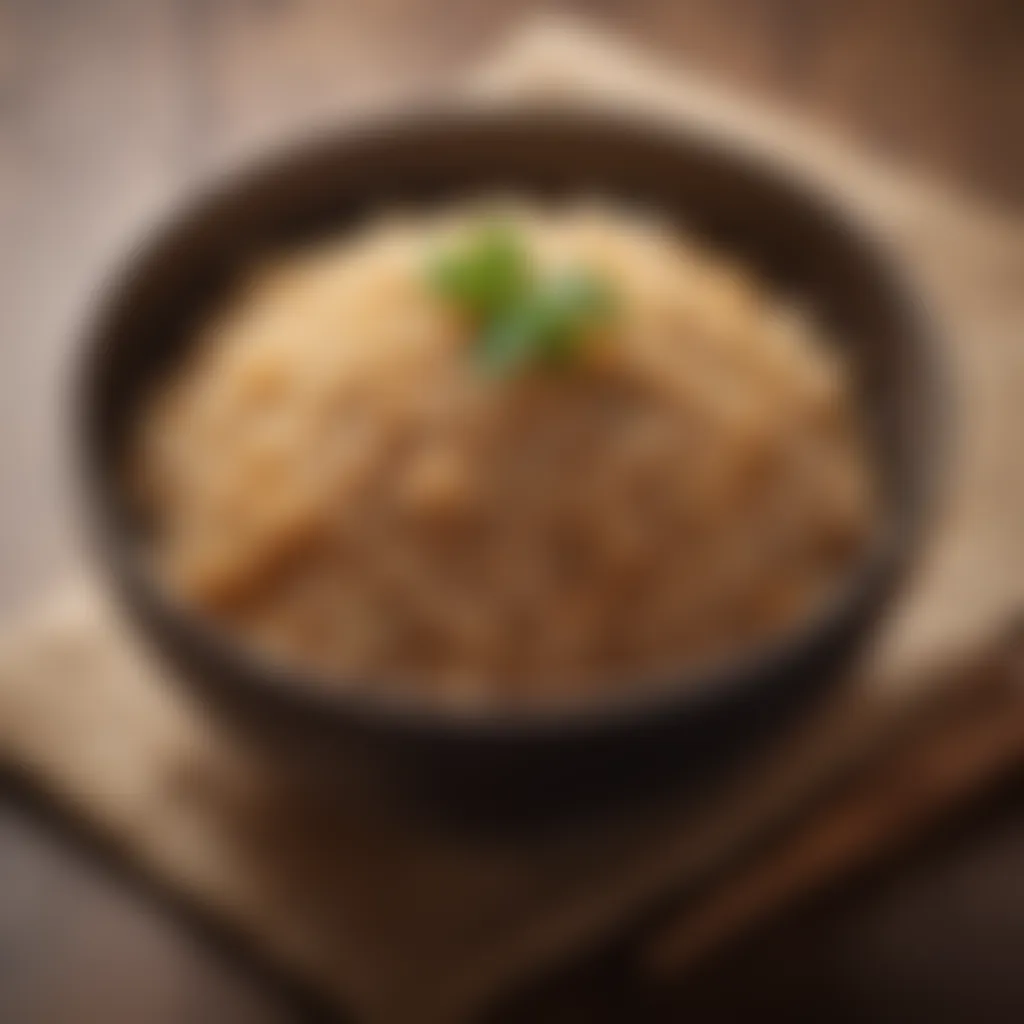 Cooked brown rice in a stylish ceramic bowl