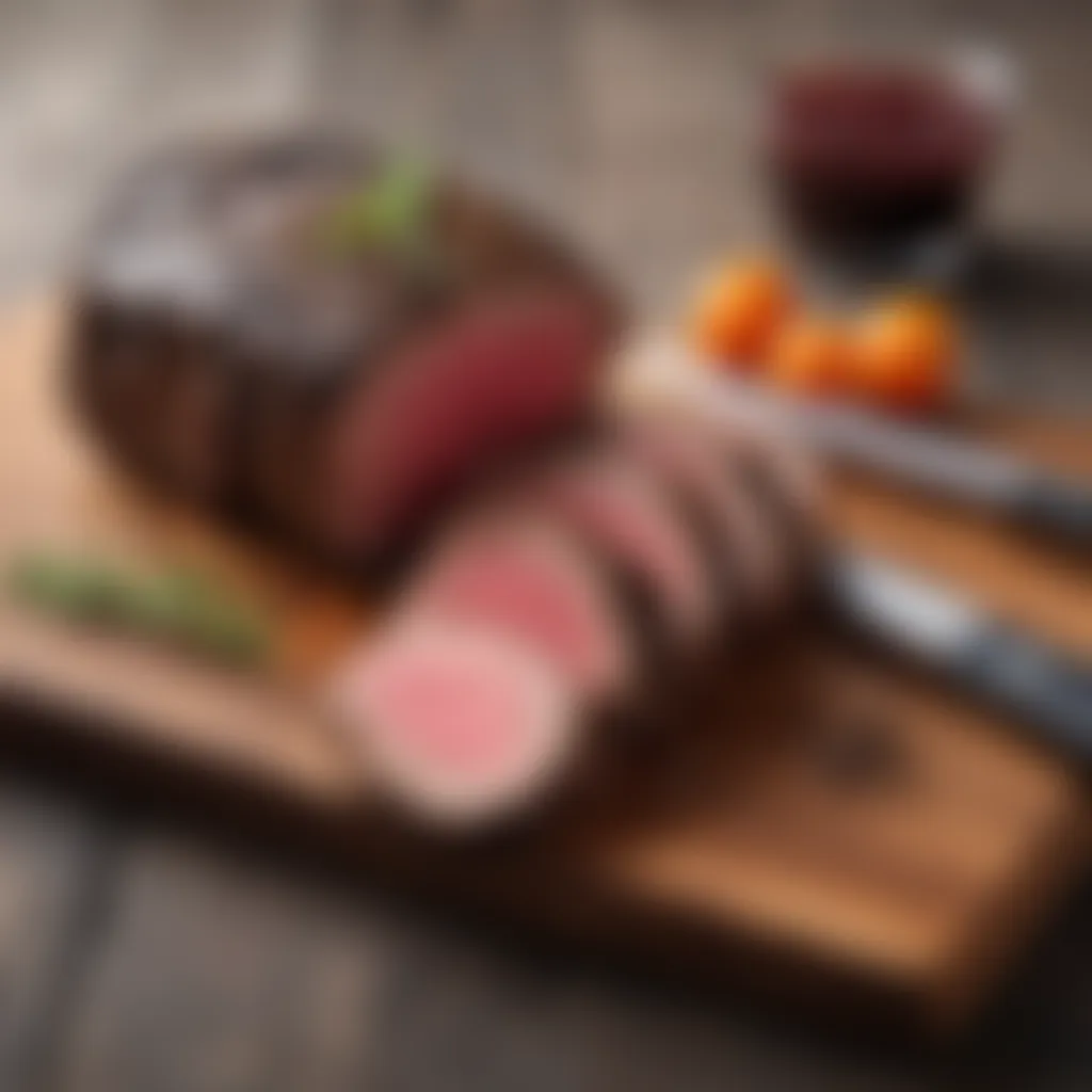 Exquisite beef tenderloin cut on a wooden board