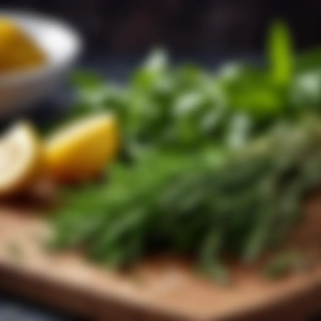 Fresh herbs on a wooden chopping board