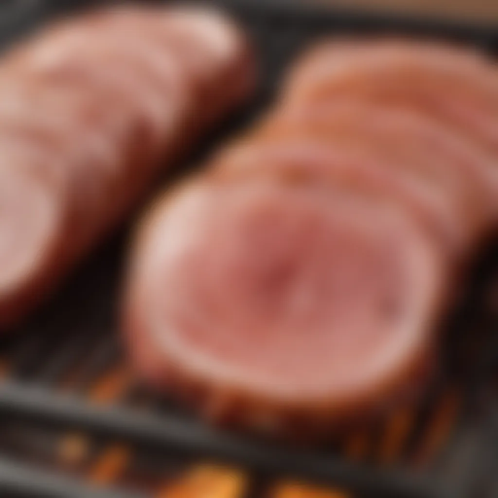 A close-up of perfectly caramelized ham slices on a grill.