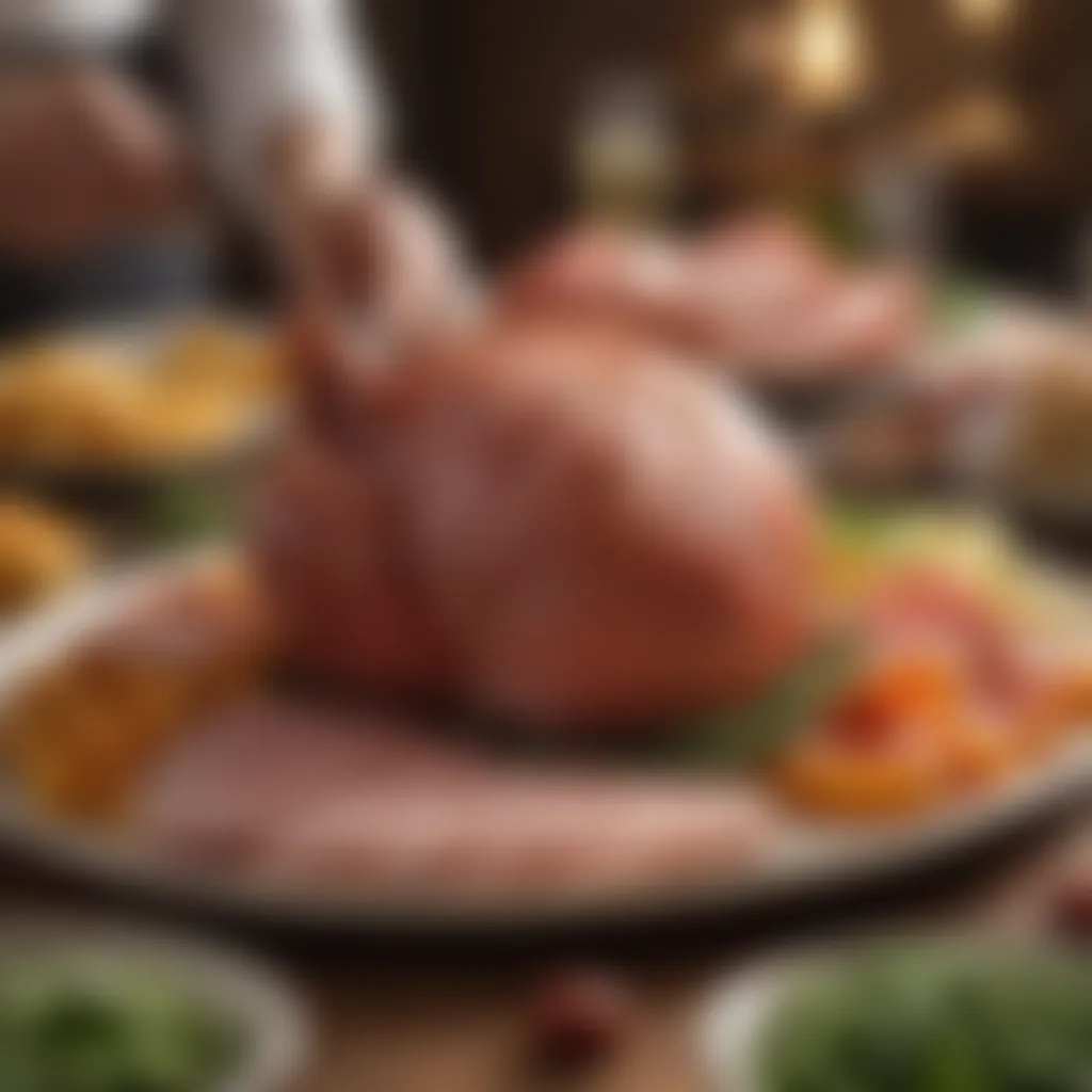 A chef's table set with ham slices and complementary sides.