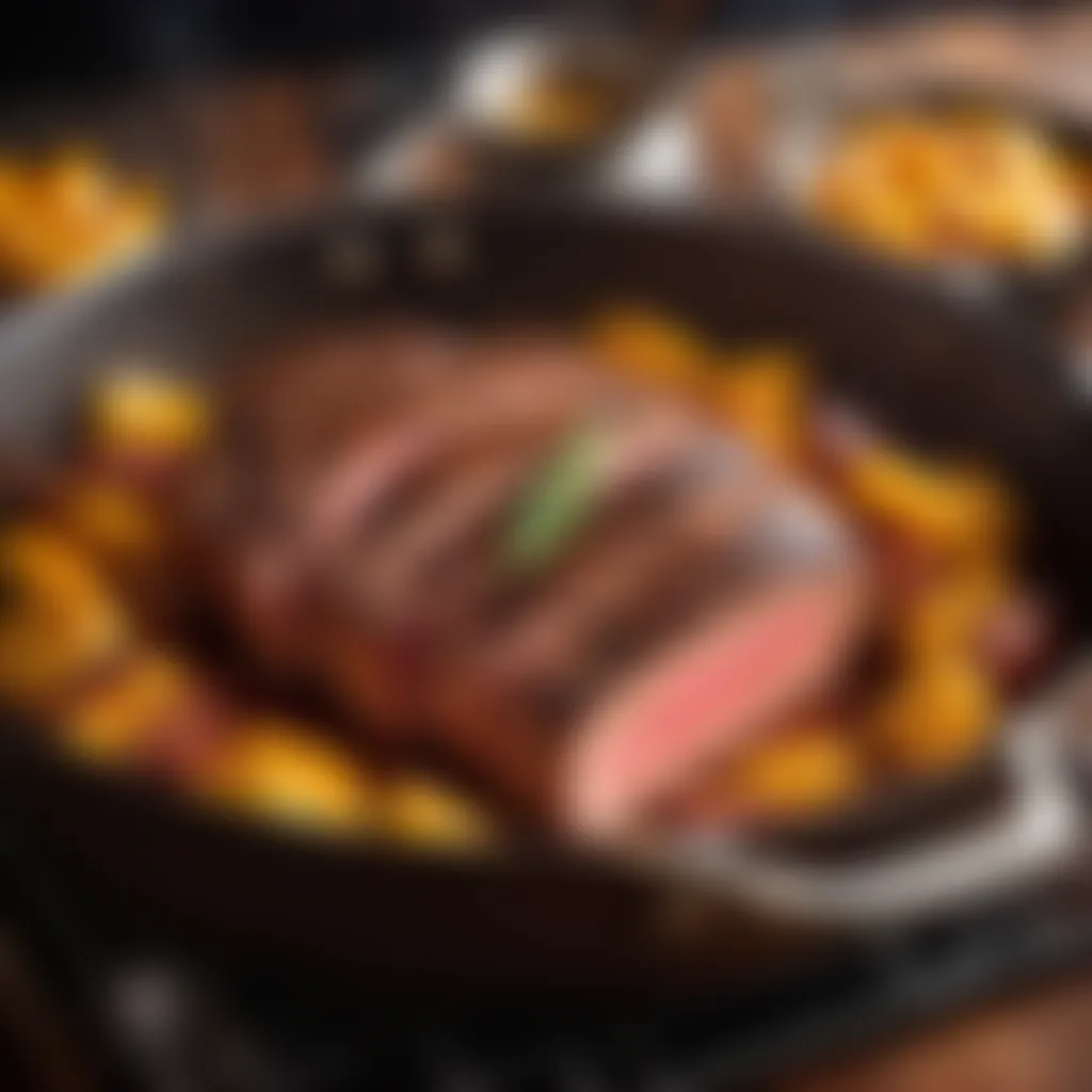 Tri-tip roast being seared to perfection in a sizzling pan