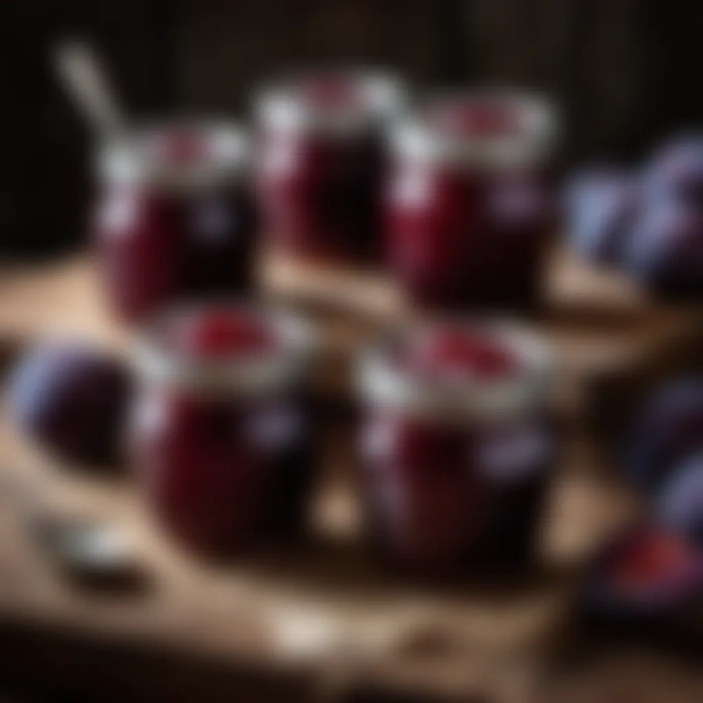 Delicate jars of plum jam cooling on a rustic wooden surface