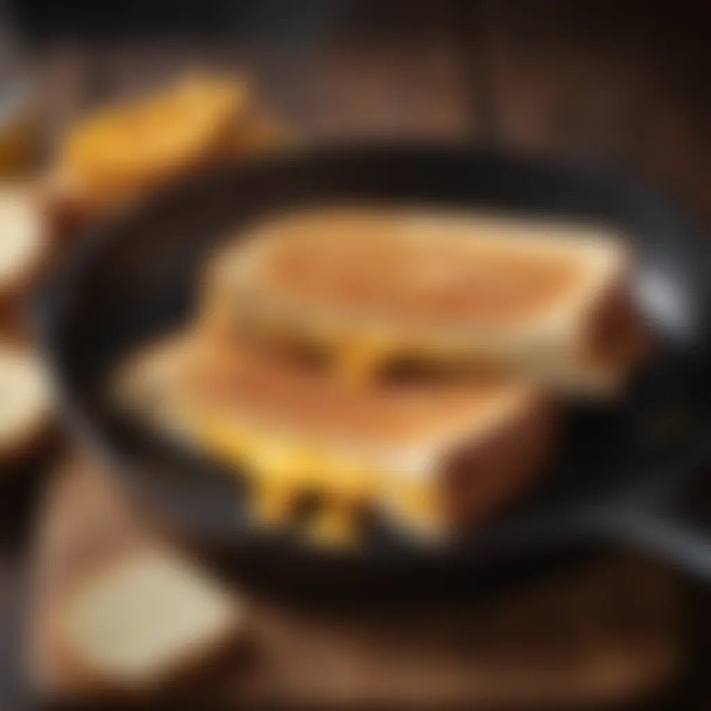 A skillet with a golden-brown grilled cheese sandwich