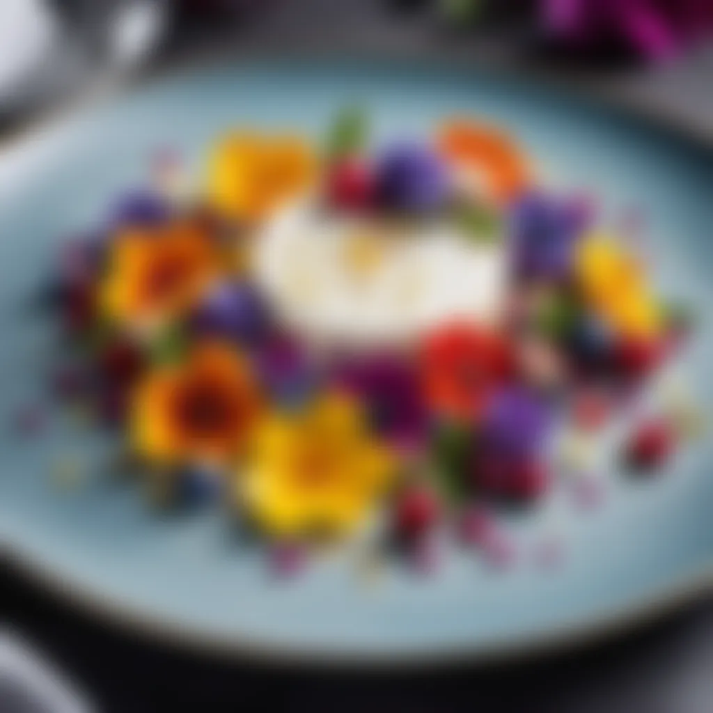 Elegant dessert presentation with edible flowers