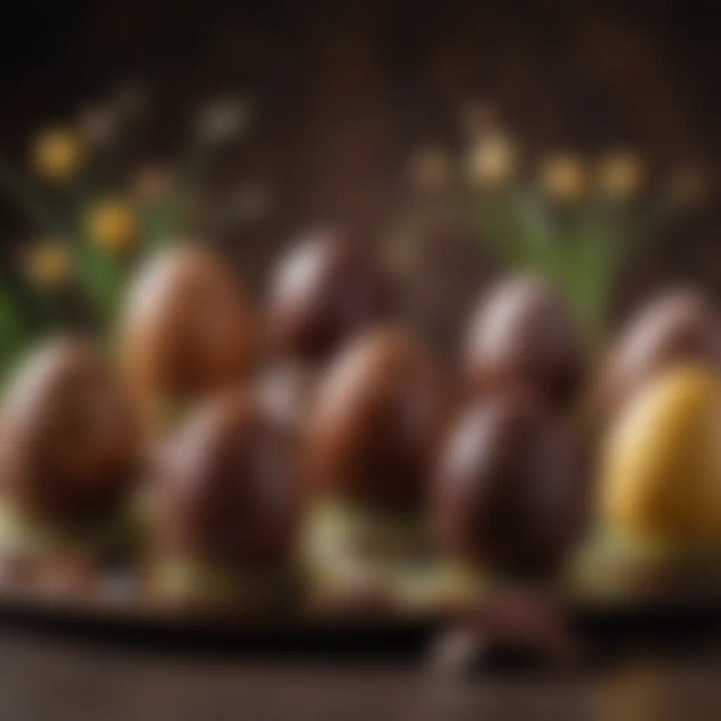 Elegant Chocolate Easter Eggs Display Elegant presentation of finished chocolate Easter eggs adorned with intricate decorations and garnishes