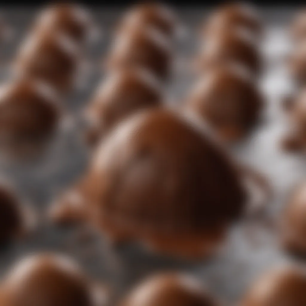 Close-up of rich, melted chocolate being poured into a mold, showcasing the glossy texture