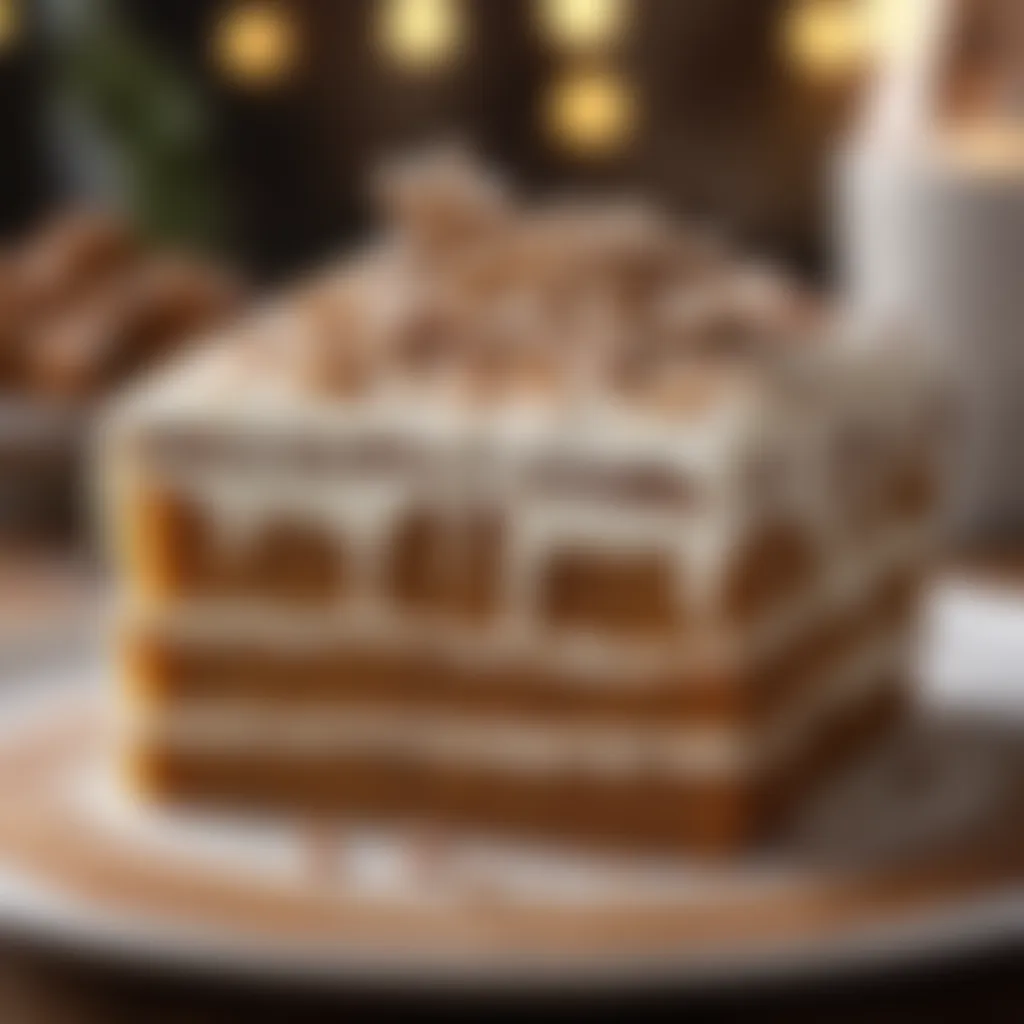 Delicate gingerbread cake slice with intricate frosting design