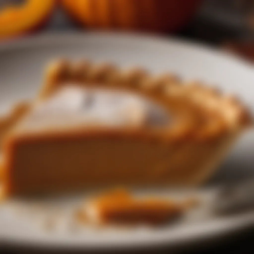 Exquisite pumpkin pie filling in a handmade ceramic dish