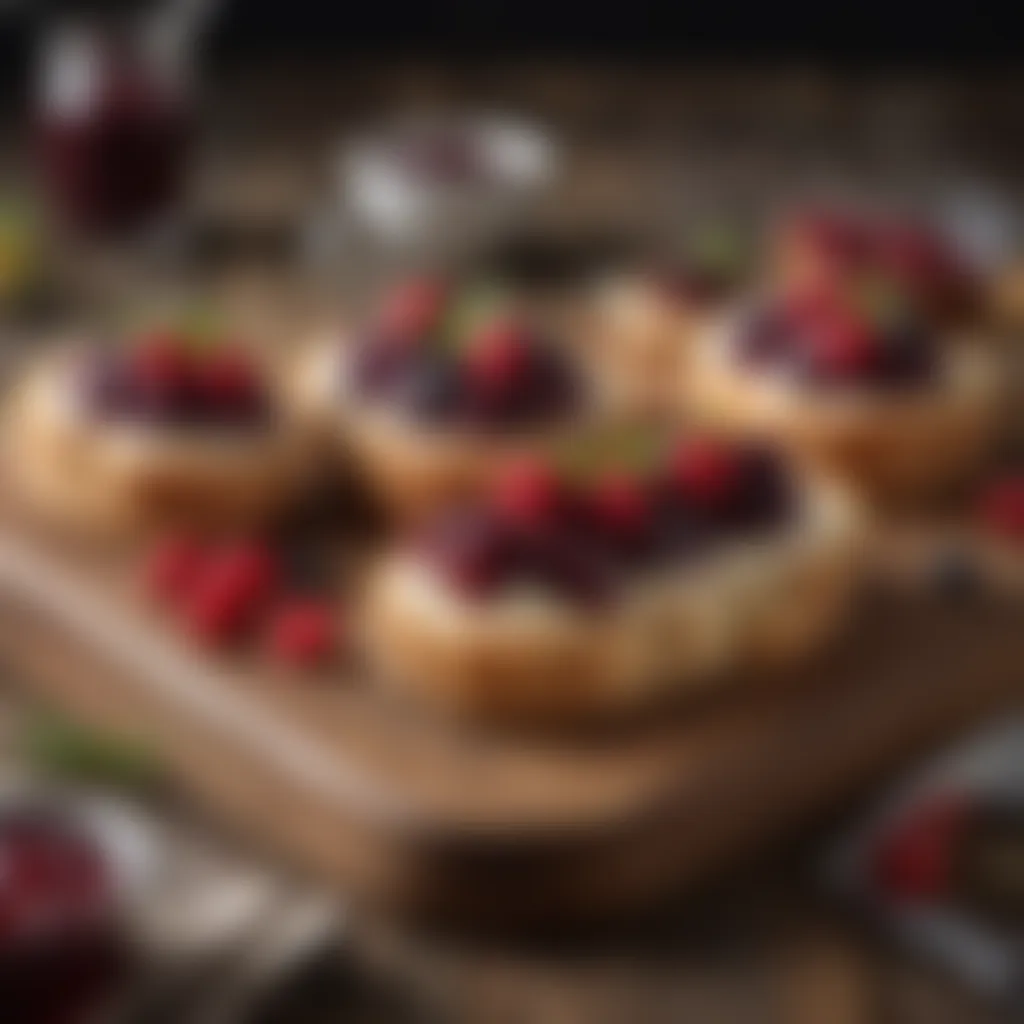 Cream cheese and mixed berry preserves on rustic wooden platter