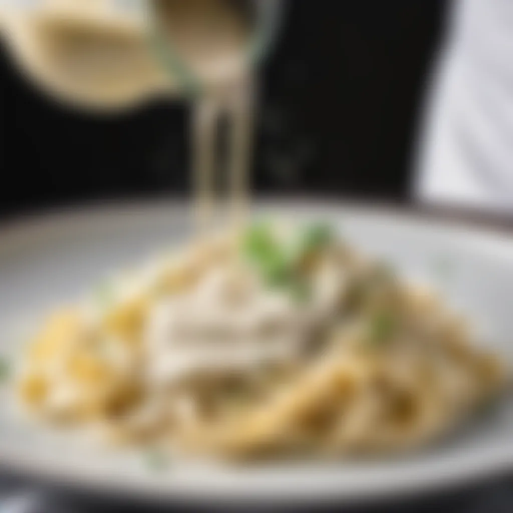 Creamy Alfredo Sauce being drizzled over a bed of freshly cooked fettuccine