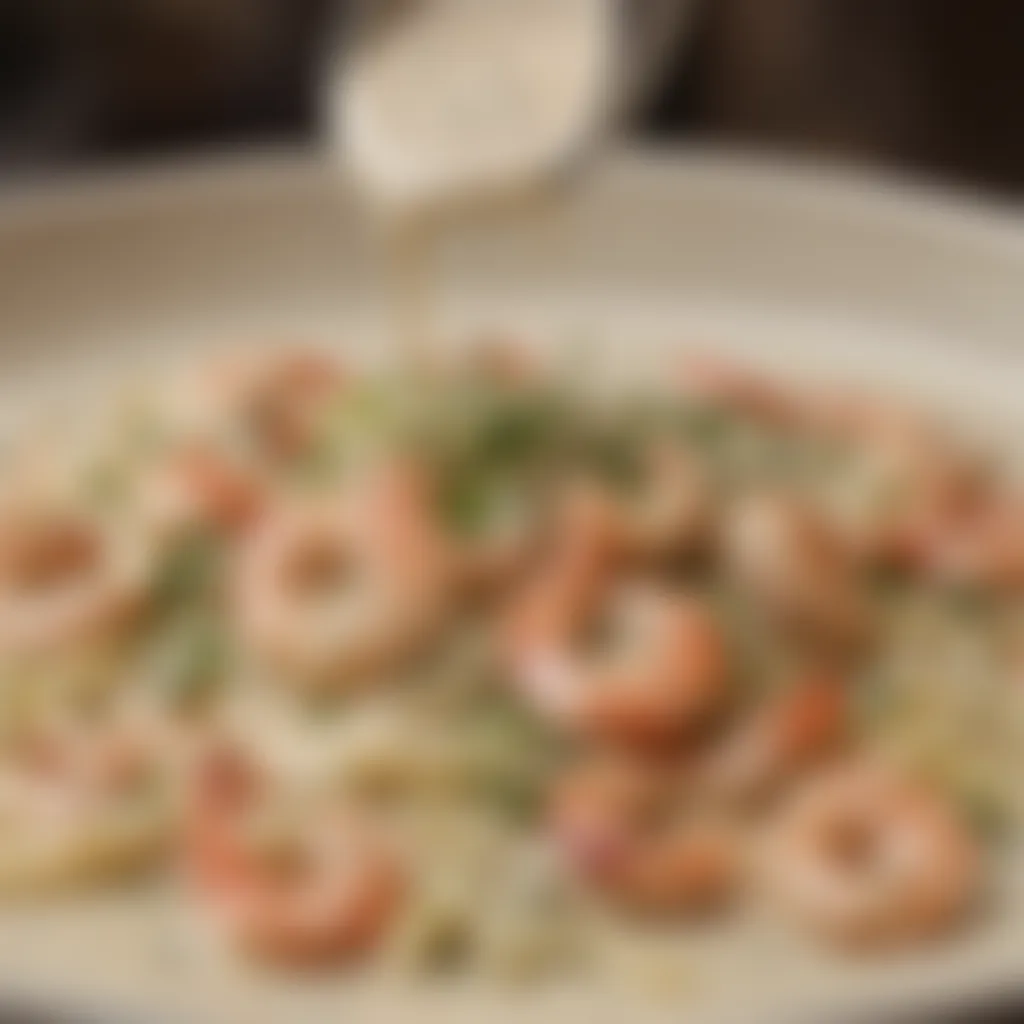 Creamy alfredo sauce being drizzled over succulent shrimp