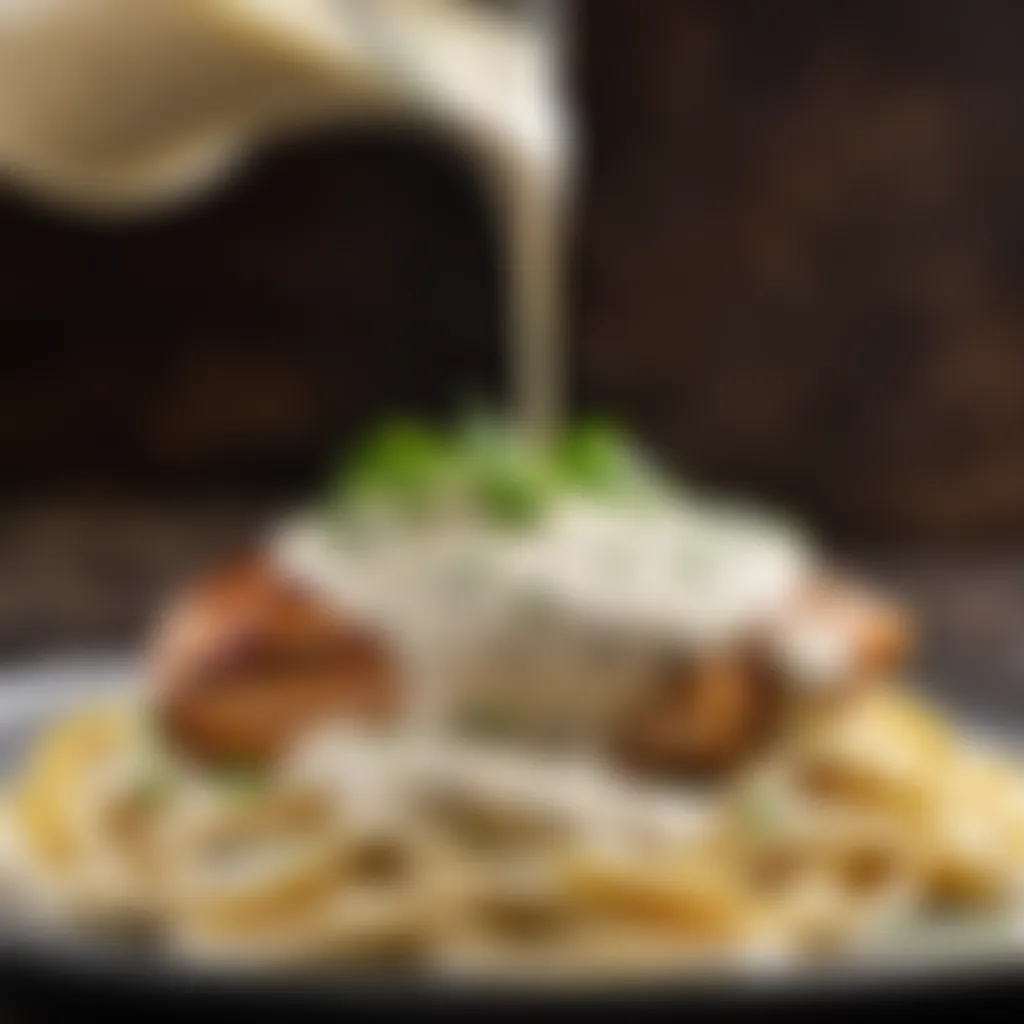 Creamy alfredo sauce drizzling