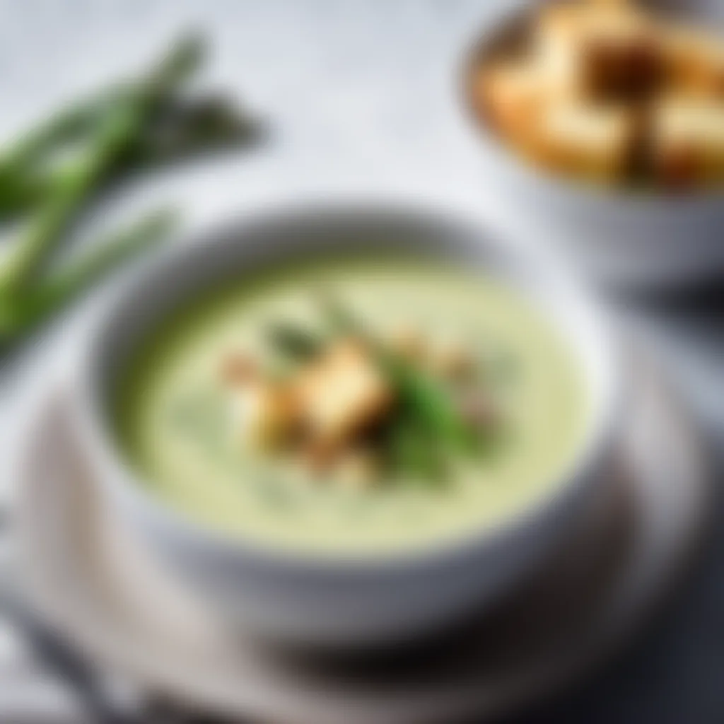 A bowl of creamy asparagus soup with croutons