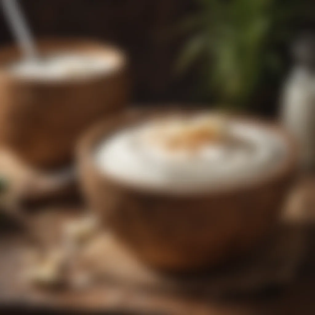 Creamy coconut milk in a rustic wooden bowl