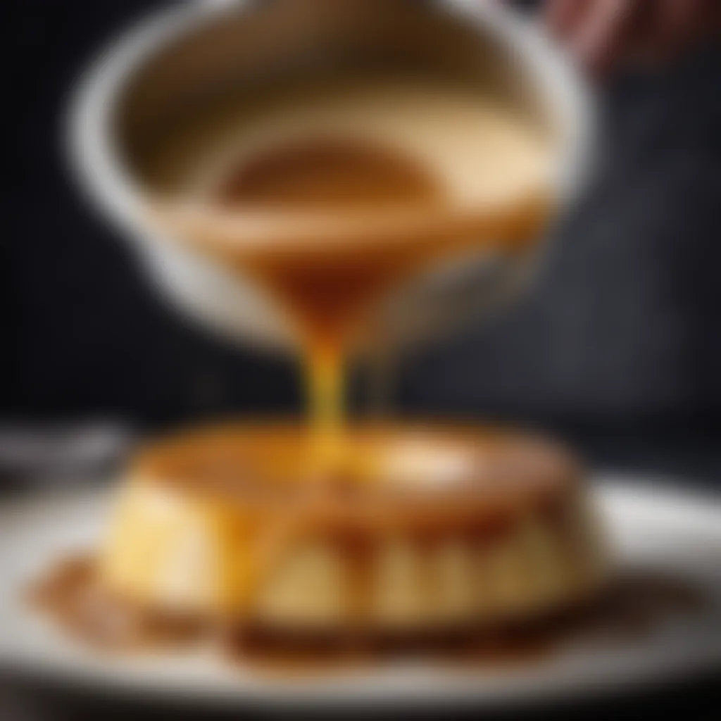 Creamy flan mixture being poured into a caramel-coated mold