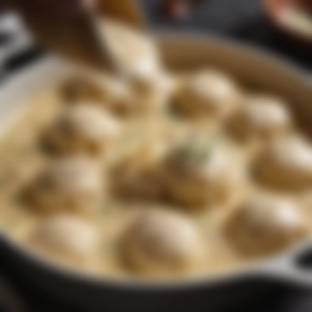 Creamy sauce being drizzled over the prepared chicken dumplings casserole