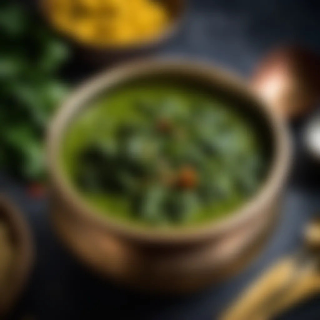 Creamy texture of saag dish in a traditional bowl