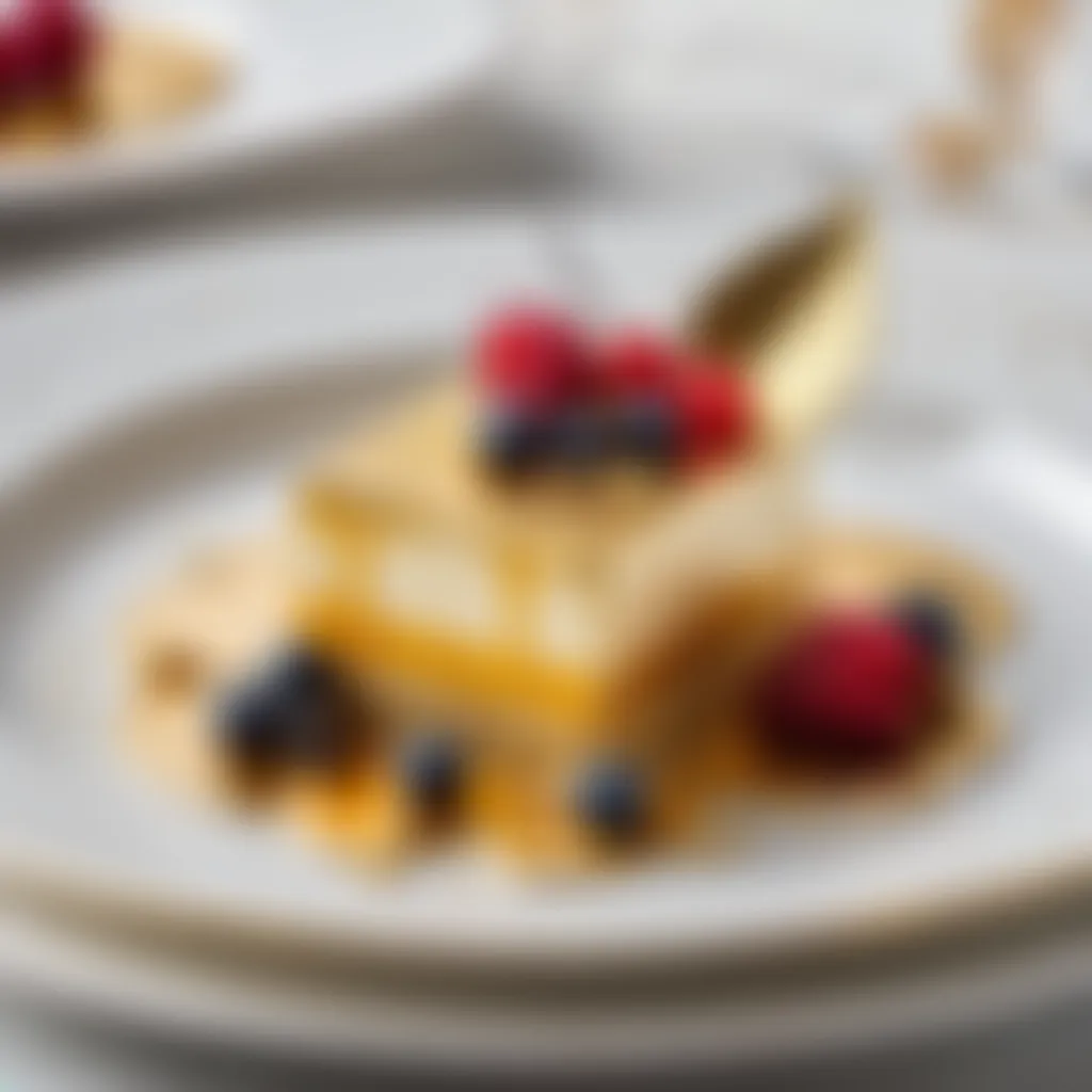 Exquisite dessert plating with gold leaf accents