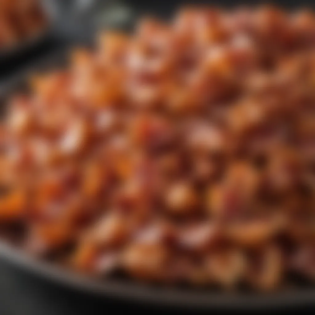 Close-up of crispy bacon bits garnishing a dish