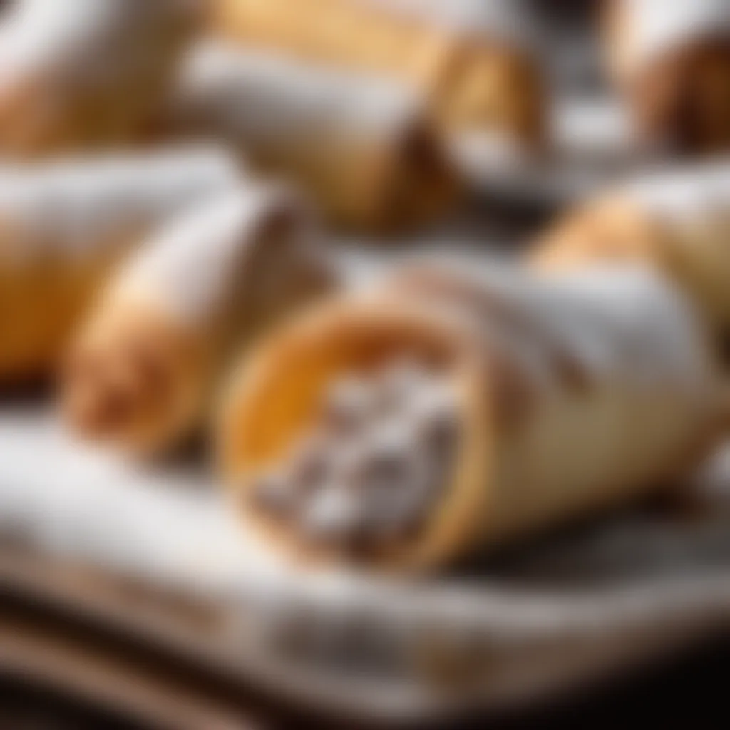 Crispy cannoli shells dusted with powdered sugar