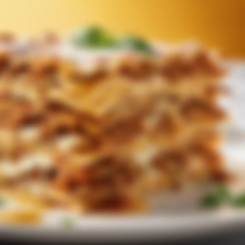 A close-up of a golden-baked, crispy lasagna corner