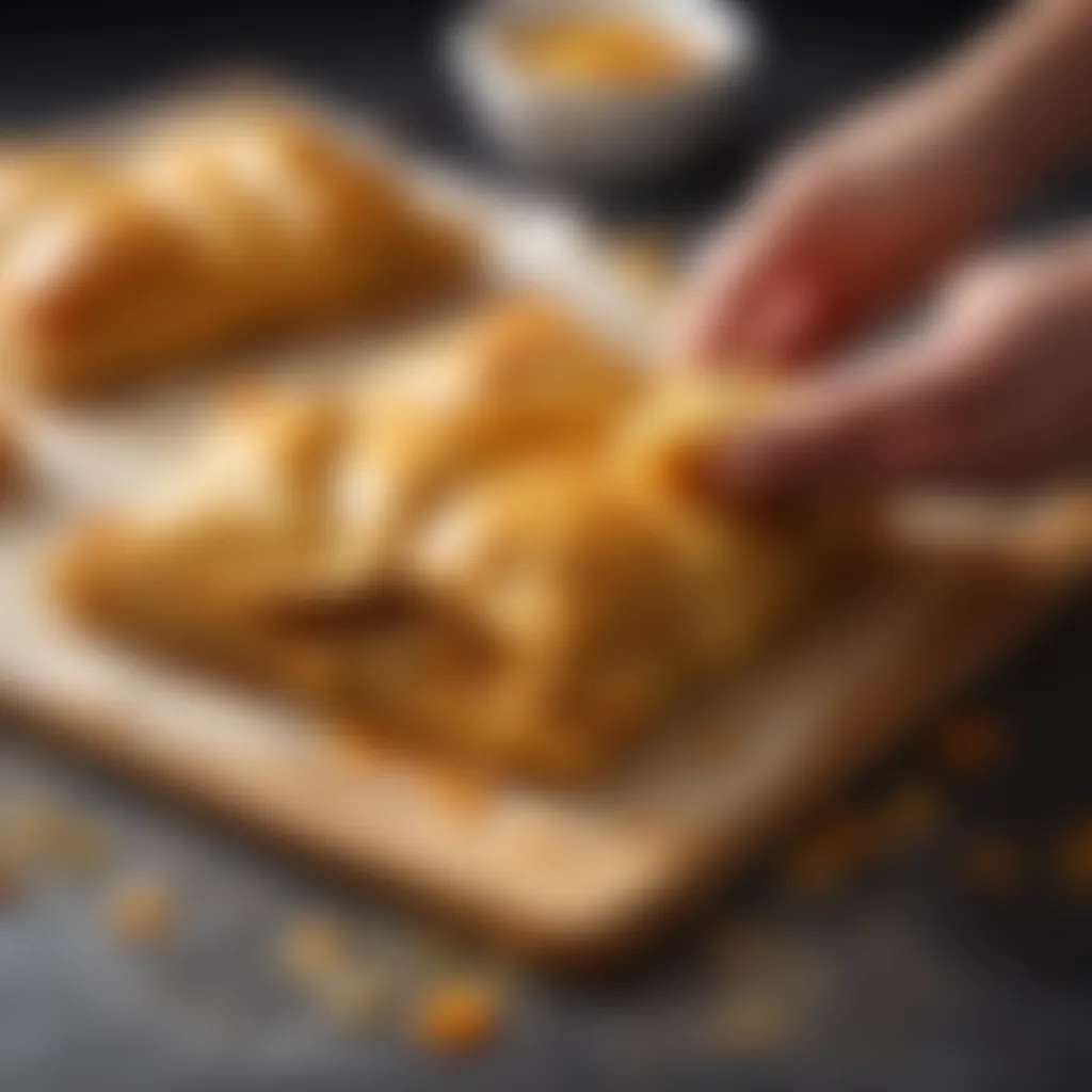 Crispy pastry dough being folded around Chicken Curry Filling