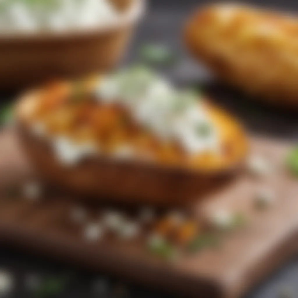 Close-up of a crispy baked potato skin filled with tangy cottage cheese