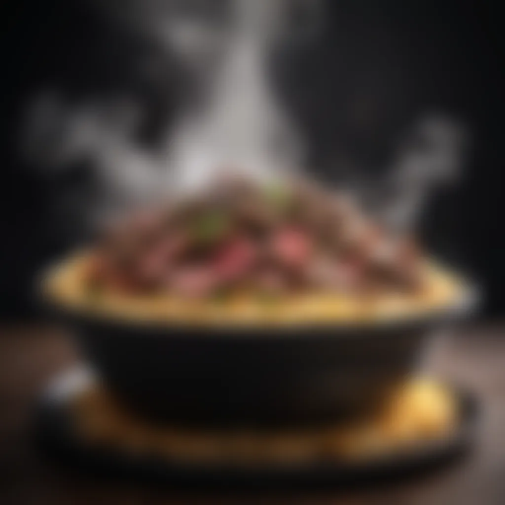 Steam rising from a steaming bowl of beef and noodle delight