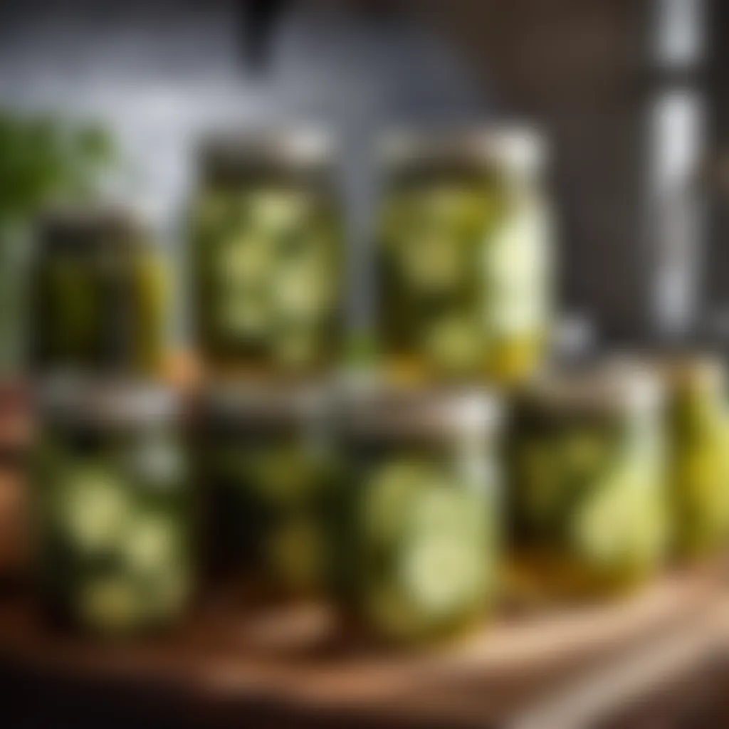 Glass jars filled with homemade cucumber pickles